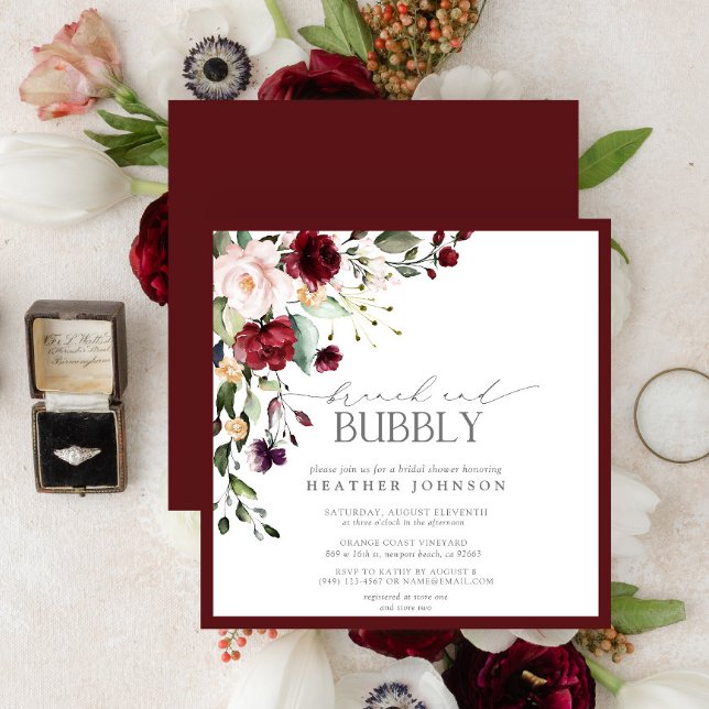 Invitación Elegante Brunch floral de Borgoña y ducha de burbu (Subido por el creador)