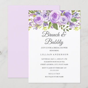 Invitación Elegante Brunch Floral de Lavanda con Rosa y Burbu