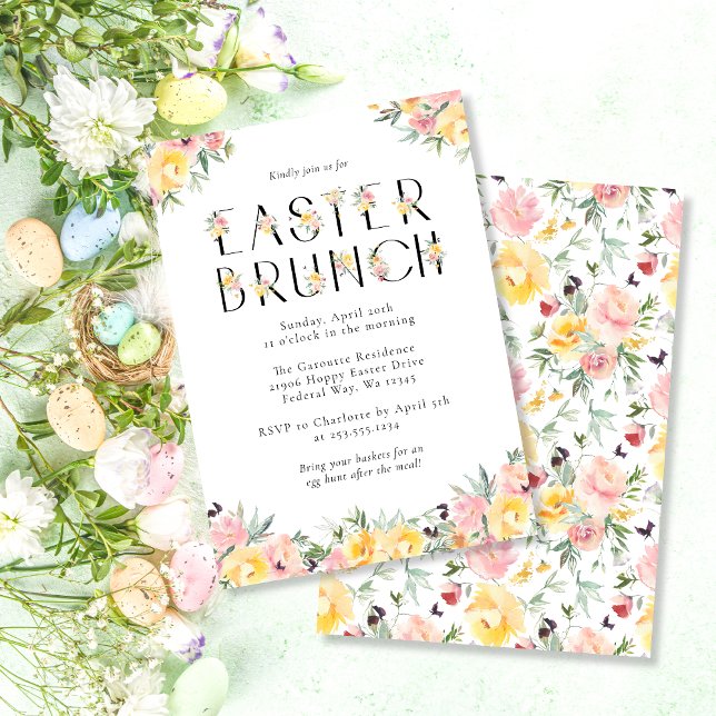 Invitación Elegante Brunch Floral de Pascua (Elegant Watercolor Floral Easter Brunch Invitation)
