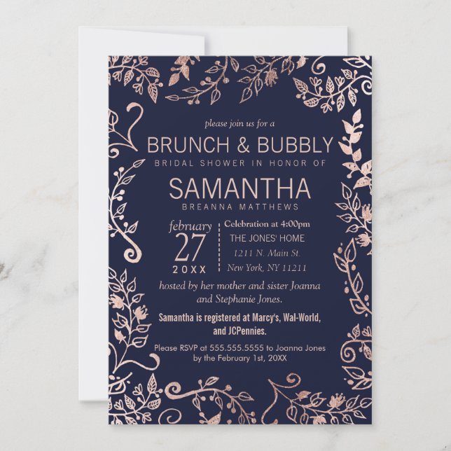 Invitación Elegante brunch floral de Rosa azul de la Marina B (Anverso)