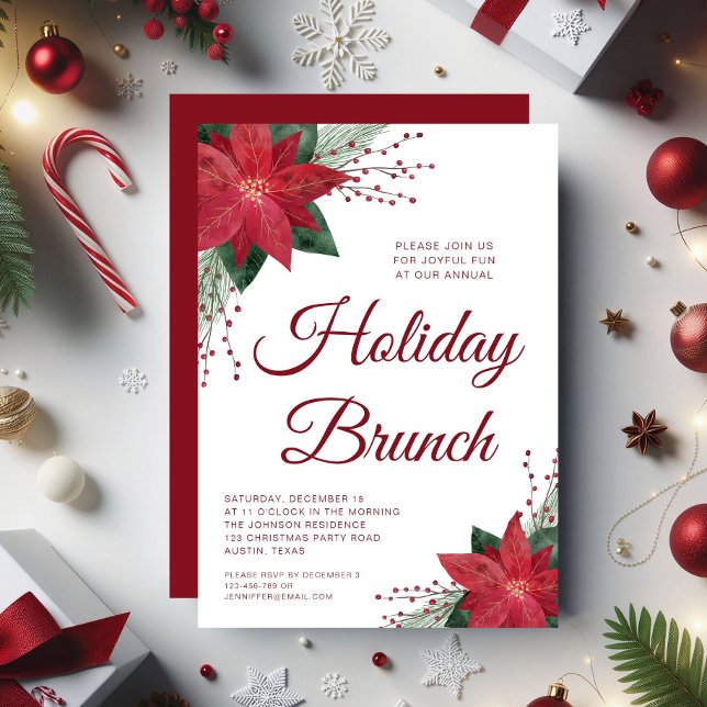 Invitación Elegante brunch floral rojo de poinsettia (Elegant Red Floral Poinsettia Holiday Brunch Invitation)