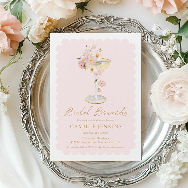 Invitación Elegante brunch floral rosa (Pink Floral Bridal Brunch Invitation)