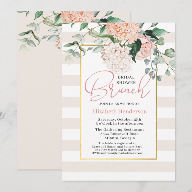 Invitación Elegante brunch floral rosa Hydrangea Bridal Showe (Anverso / Reverso)