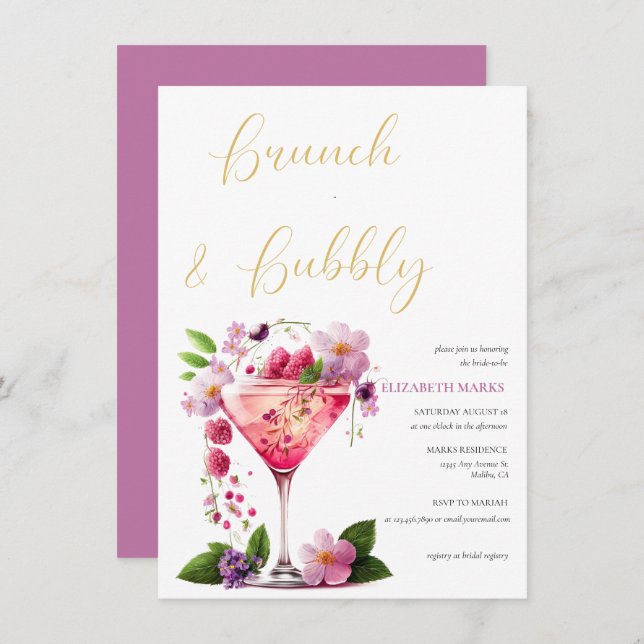Invitación Elegante Brunch Floral Rosa y ducha Bubbly Bridal (Anverso / Reverso)
