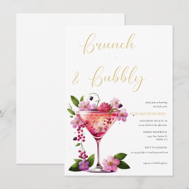 Invitación Elegante Brunch Floral Rosa y ducha Bubbly Bridal (Anverso / Reverso)