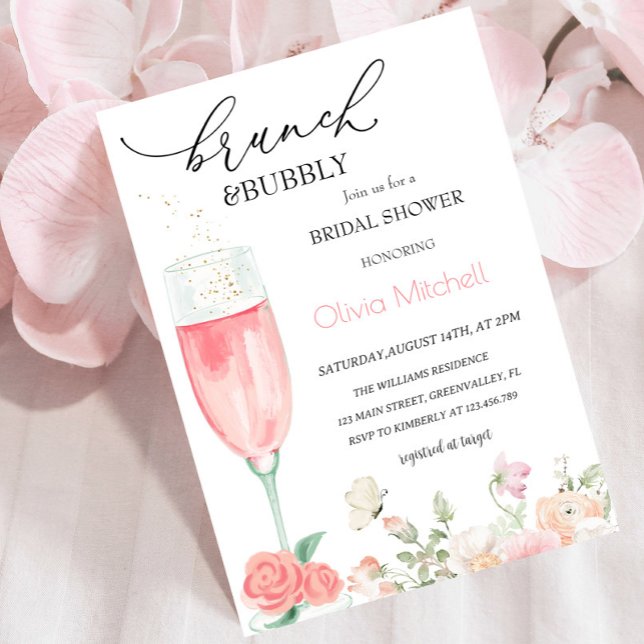 Invitación Elegante Brunch Floral Rosa y ducha Bubbly Bridal (Subido por el creador)