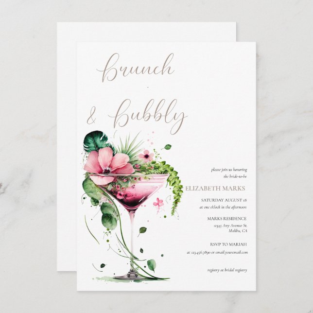 Invitación Elegante Brunch Floral Rosa y ducha Bubbly Bridal (Anverso / Reverso)