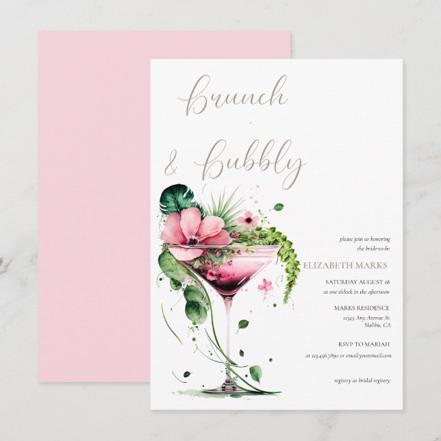 Invitación Elegante Brunch Floral Rosa y ducha Bubbly Bridal (Anverso / Reverso)