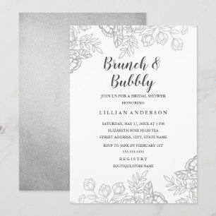 Invitación Elegante Brunch Floral Vintage Plateado Y Bubbly