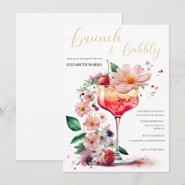 Invitación Elegante Brunch Floral Y Ducha Bridal Bubbly Inv (Anverso / Reverso)
