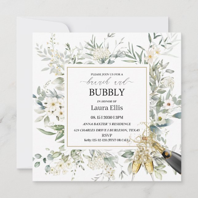 Invitación Elegante brunch florido y burbujeante (Anverso)