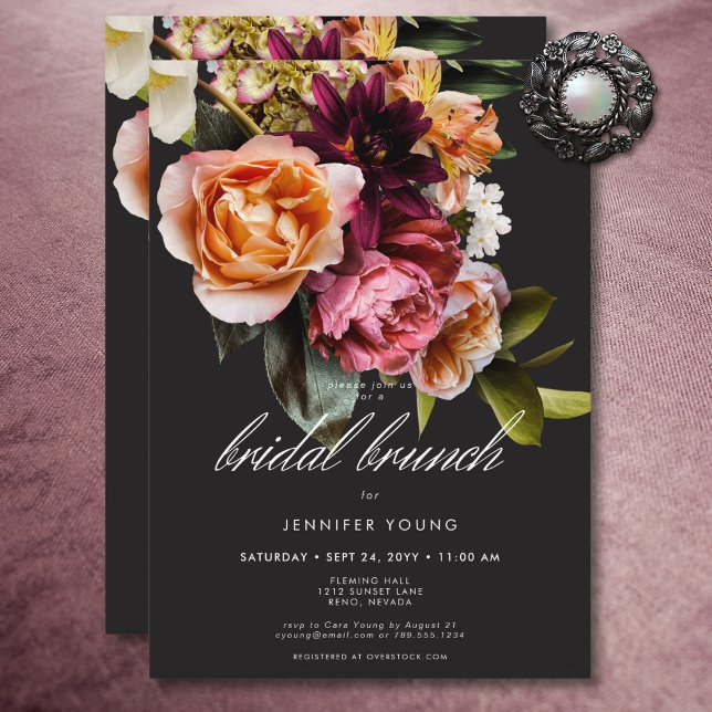 Invitación Elegante Brunch Moody Burgundy y Moral Floral Rosa (Elegant Moody Burgundy & Pink Floral Bridal Brunch Invitation)