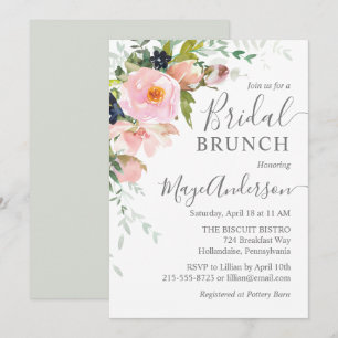Invitación Elegante Brunch Nupcial Floral Rosa y Gris Desvane