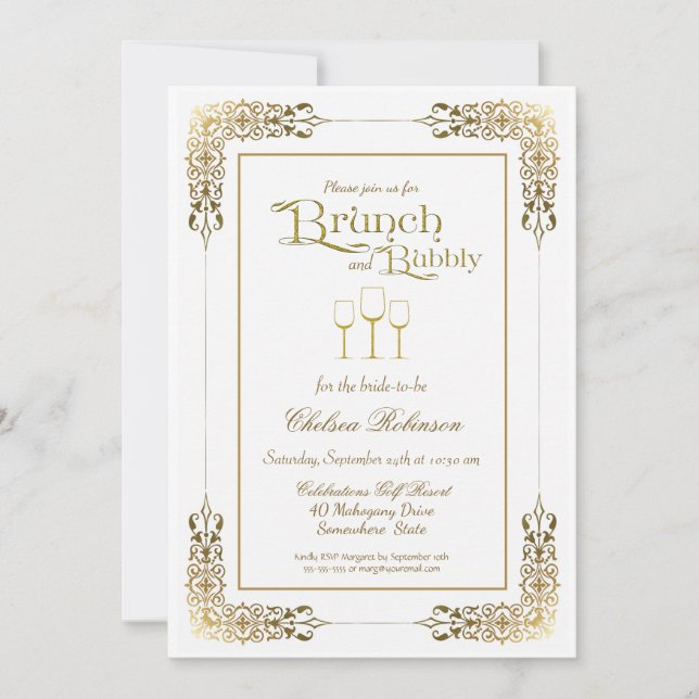 Invitación Elegante Brunch Ornate Gold Border y Bubbly (Anverso)