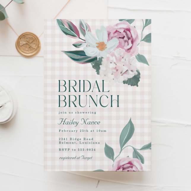 Invitación Elegante brunch rosa floral Gingham Bridal Shower  (Subido por el creador)