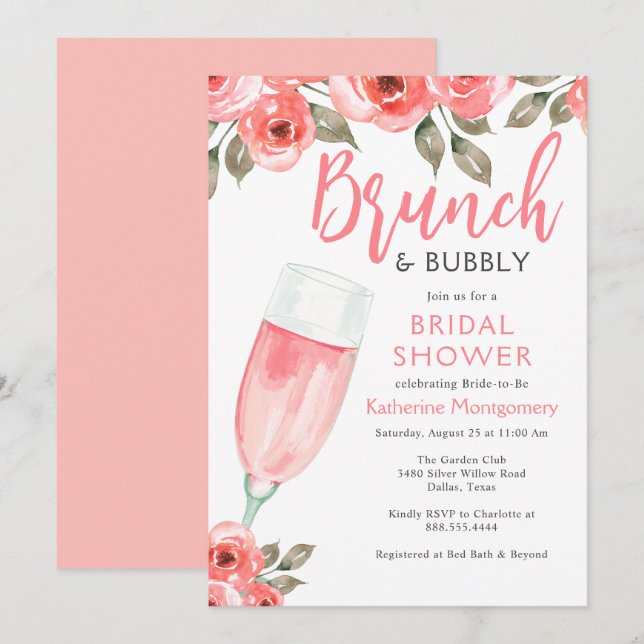 Invitación Elegante Brunch rosa floral y ducha de novia burbu (Anverso / Reverso)