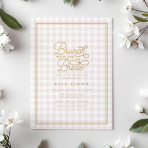 Invitación Elegante Brunch rosa Gingham Gold Bridal Shower
