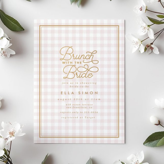 Invitación Elegante Brunch rosa Gingham Gold Bridal Shower (Subido por el creador)