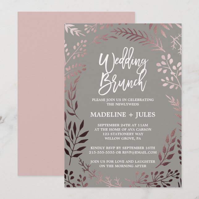Invitación Elegante brunch Rosa oro y Boda gris (Anverso / Reverso)