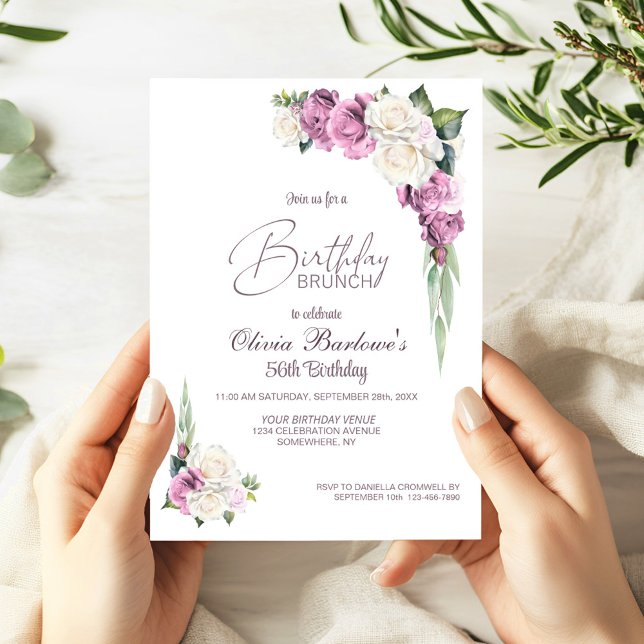 Invitación Elegante brunch rosa rosa blanco rosa floral cumpl (Subido por el creador)
