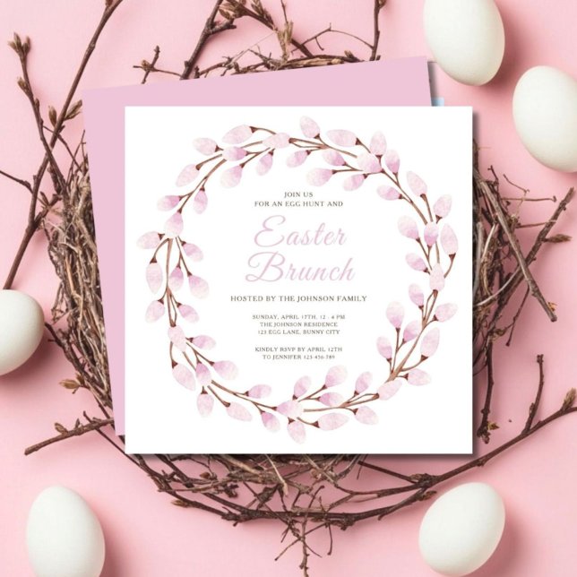 Invitación Elegante brunch rosa rosado Willow de Pascua (Cute Pink Pussy Willow Easter Brunch Invitation)