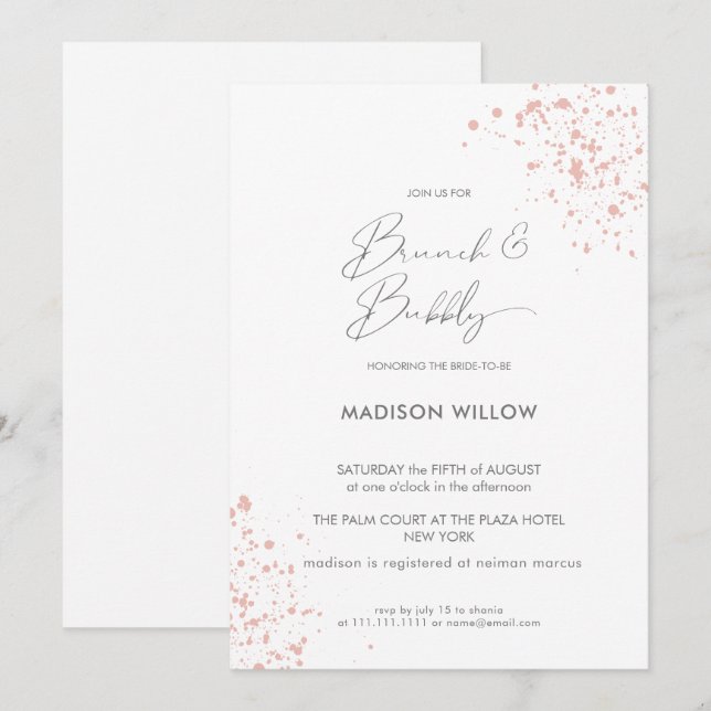 Invitación Elegante Brunch rosado Bubbly Bridal Shower (Anverso / Reverso)
