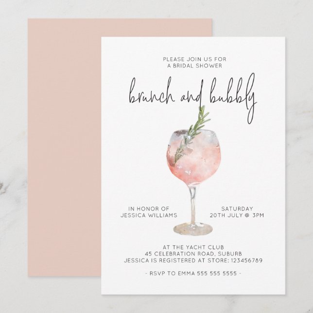 Invitación Elegante Brunch rosado y ducha Bubbly Bridal (Anverso / Reverso)