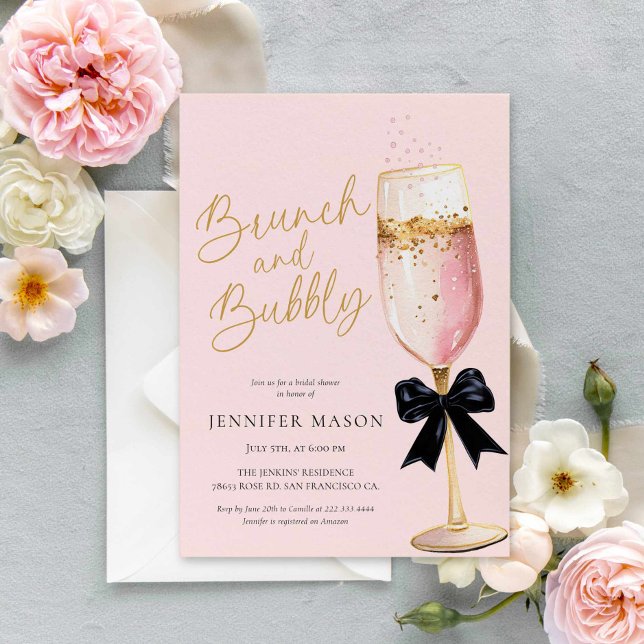 Invitación Elegante Brunch rosado y ducha Bubbly Bridal (PINK Champagne Brunch and bubbly Bridal Shower Invitation)