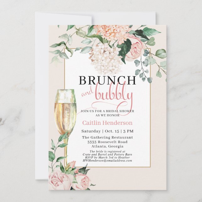 Invitación Elegante brunch rosado y ducha de novia burbujeant (Anverso)