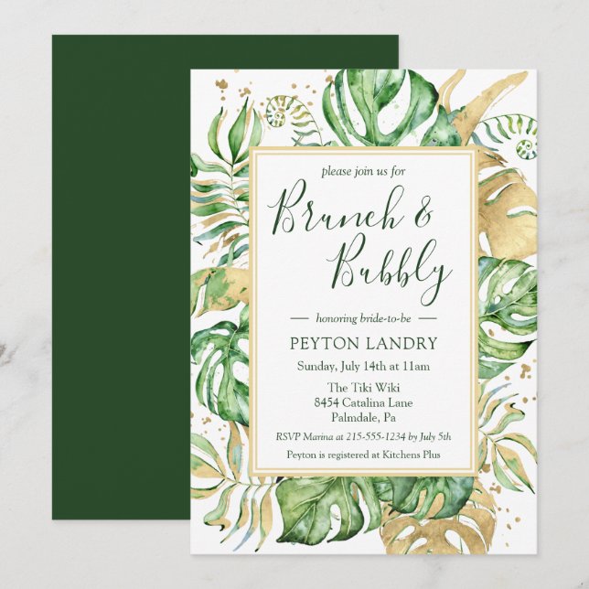 Invitación Elegante Brunch tropical y ducha de novias con bur (Anverso / Reverso)