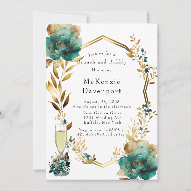 Invitación Elegante brunch Verde azulado y dorado floral e in (Anverso)