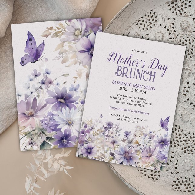 Invitación Elegante Brunch violeta de flores silvestres para  (Modern elegant purple wildflowers and butterfly Mother's Day brunch luncheon or event invitations)