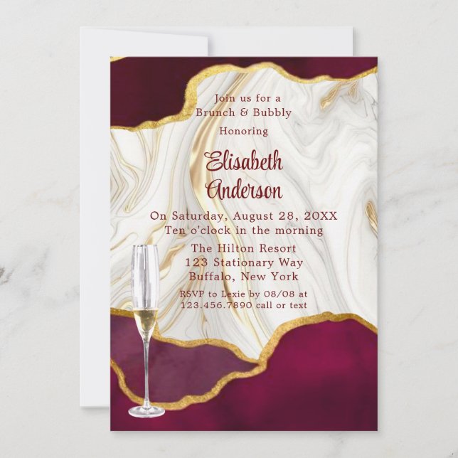 Invitación Elegante brunch y bubbly de Borgoña y oro (Anverso)