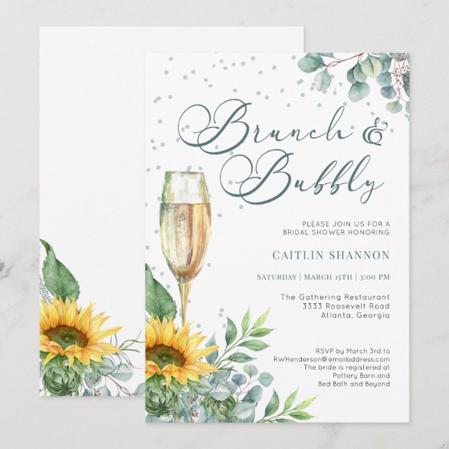 Invitación Elegante Brunch y ducha de novia con girasol (Anverso / Reverso)