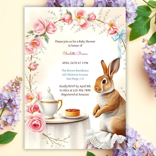 Invitación Elegante Bunny Floral Spring Tea Fiesta Baby Showe (Personalized Tea Party Baby Shower Invitation Elegant Bunny & Floral Baby Shower Invite)