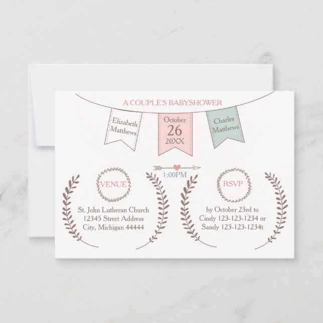 Invitación Elegante Bunting - Baby Shower de la pareja 3x5 (Anverso)