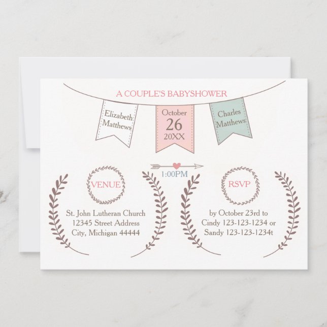 Invitación Elegante Bunting - Baby Shower de pareja (Anverso)