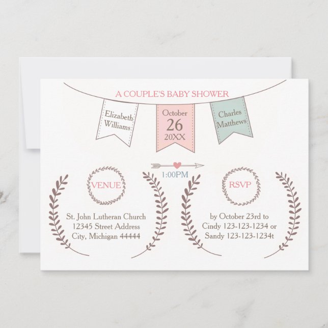 Invitación Elegante Bunting - Baby Shower de pareja (Anverso)