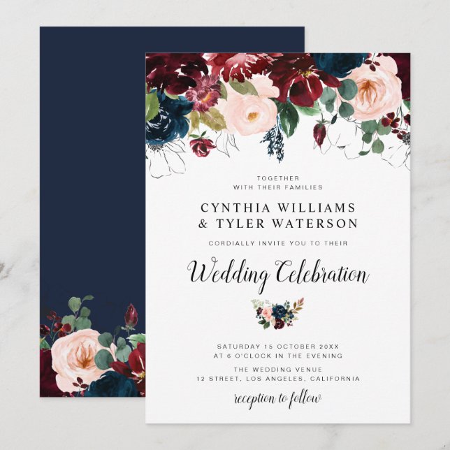 Invitación Elegante burdeos y boda floral azul marino (Anverso / Reverso)
