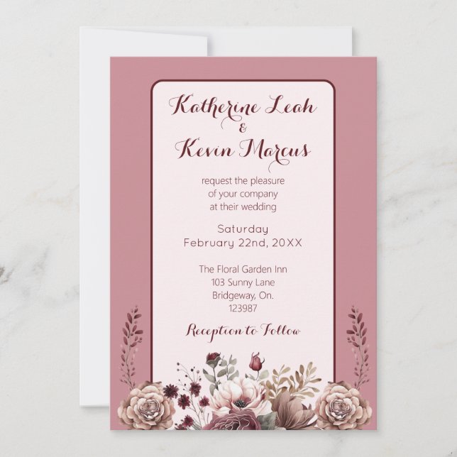 Invitación Elegante Burgandy Dusty Rosa Boda Floral (Anverso)