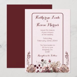 Invitación Elegante Burgandy Dusty Rosa Boda Floral