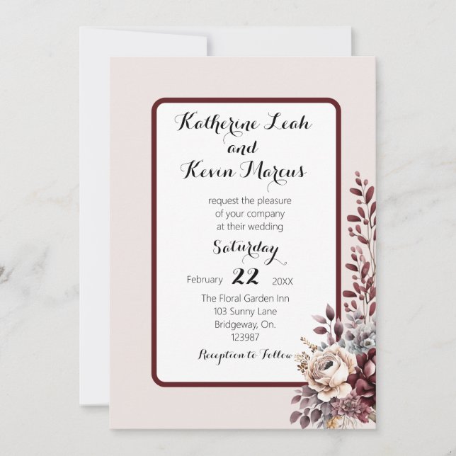Invitación Elegante Burgandy Dusty Rosa Floral (Anverso)