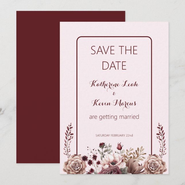 Invitación Elegante Burgandy Dusty Rosa Floral Salvar la fech (Anverso / Reverso)