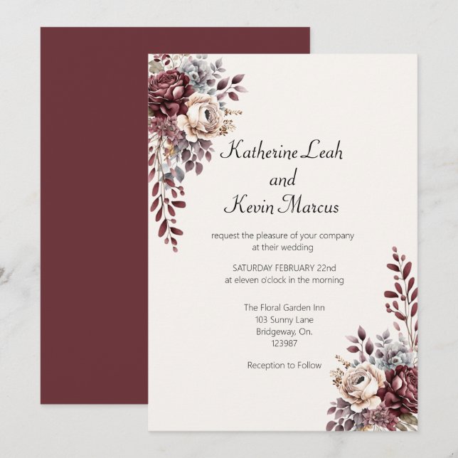Invitación Elegante Burgandy Floral (Anverso / Reverso)