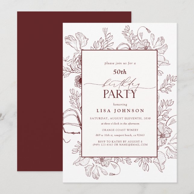 Invitación Elegante Burgundy 50 cumpleaños línea floral arte (Anverso / Reverso)
