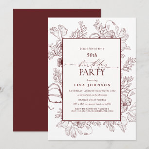 Invitación Elegante Burgundy 50 cumpleaños línea floral arte
