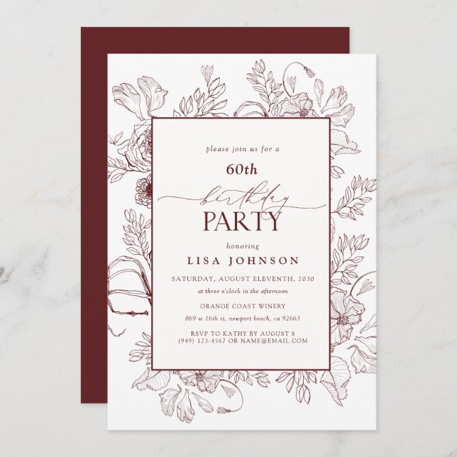Invitación Elegante Burgundy 60 cumpleaños línea floral arte (Anverso / Reverso)