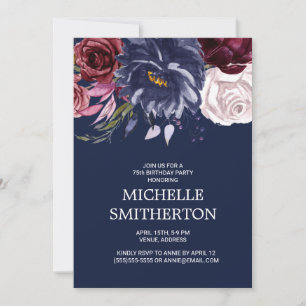 Invitación Elegante Burgundy Azul Marino Floral 75 Cumpleaños