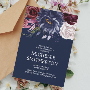 Invitación Elegante Burgundy Azul Marino Floral 80 Cumpleaños