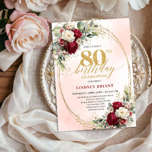 Invitación Elegante Burgundy Boho Botánico 80 Cumpleaños  
